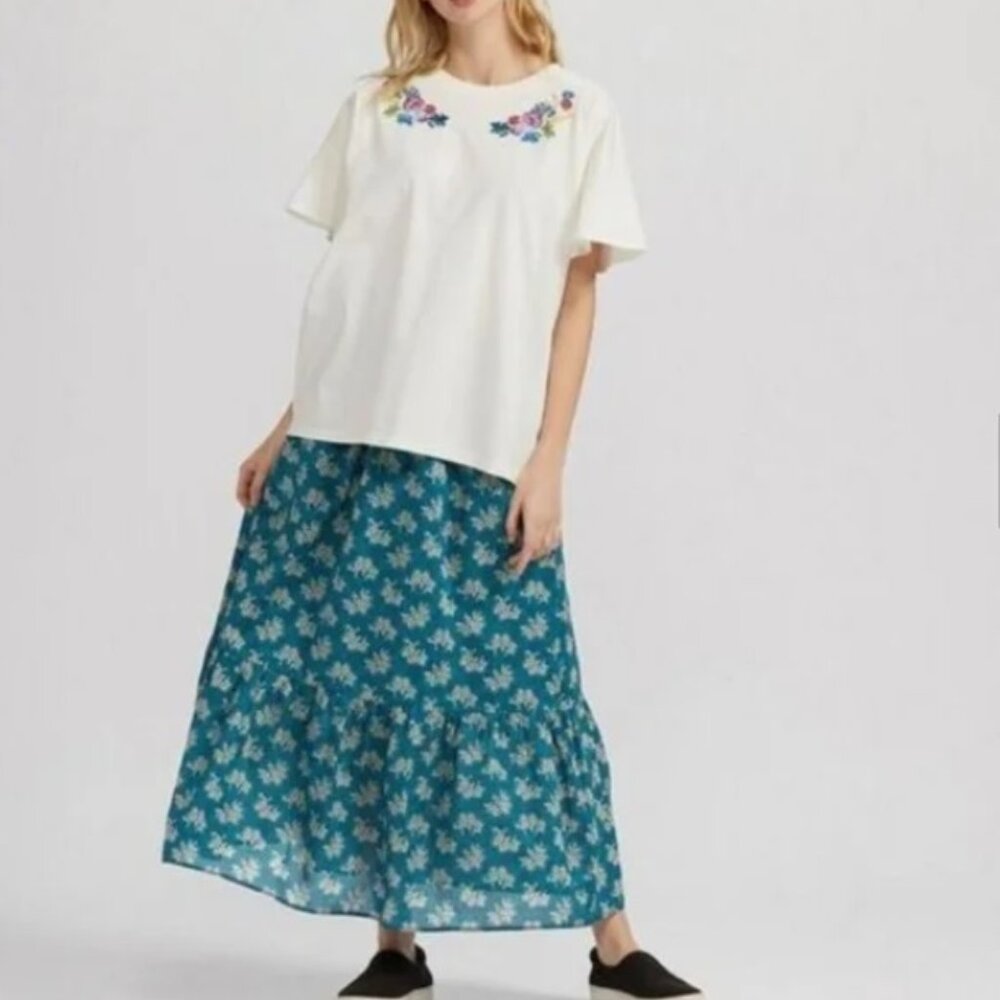 Anna Sui and Uniqlo -  Green and cream long skirt floral patterns